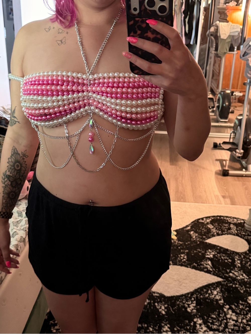 iHeartRaves Pink and White Pearl Beaded Strapless Crop Top